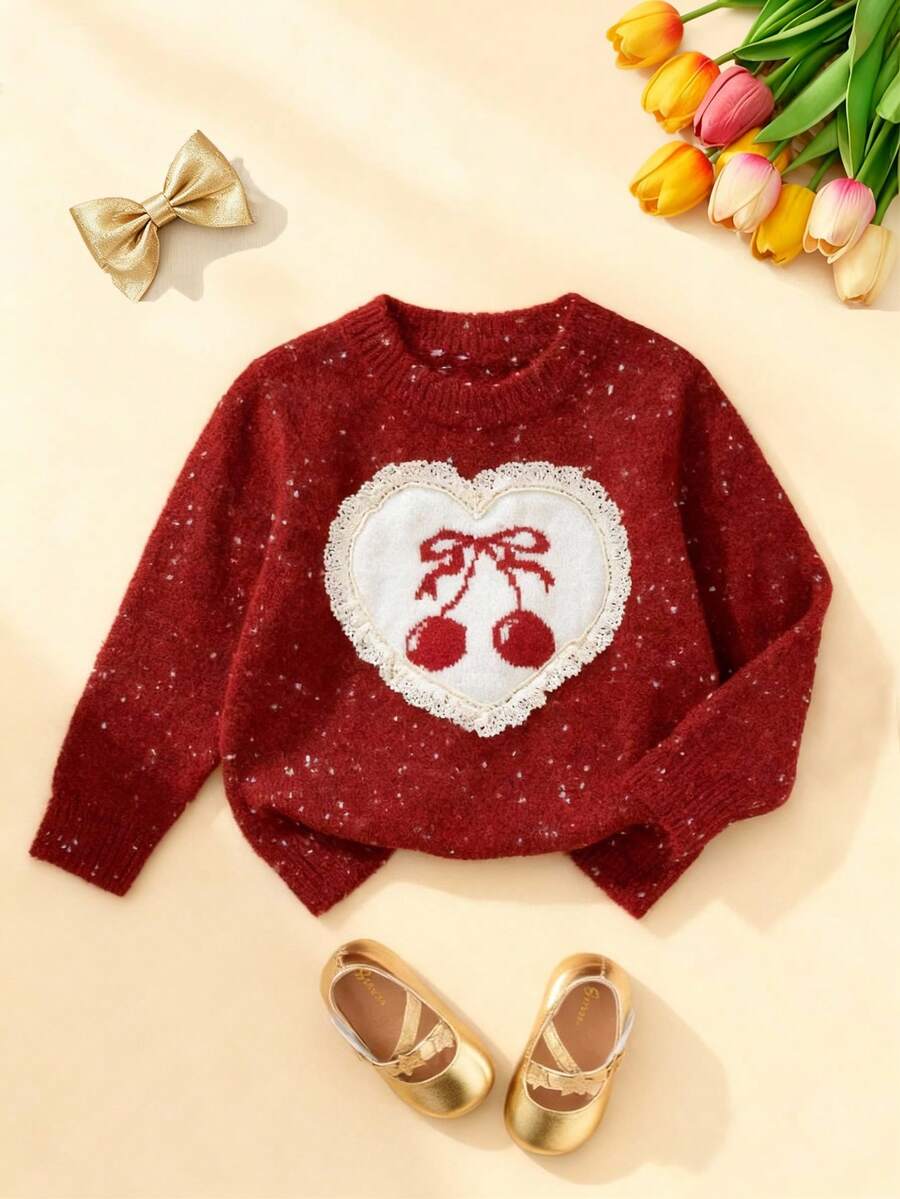 Souflis Souflis 聖誕女孩酒紅色長袖針織套頭毛衣,可愛蝴蝶結櫻桃圖案提花,適合秋冬,蕾絲飾邊愛心設計,少女服飾 - 紅色 - 查看 1