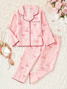 2 pezzi Set pigiama da ragazza con pantaloni larghi e top a maniche lunghe, con ricamo di ciliegie, casual e carino - Rosa - Visualizzare 11