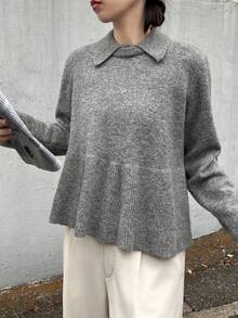 FRIFUL Damen einfarbiger Pullover mit Umlegekragen, Langarm, lässig und locker, Herbst/Winter - Grau - Übersicht 1