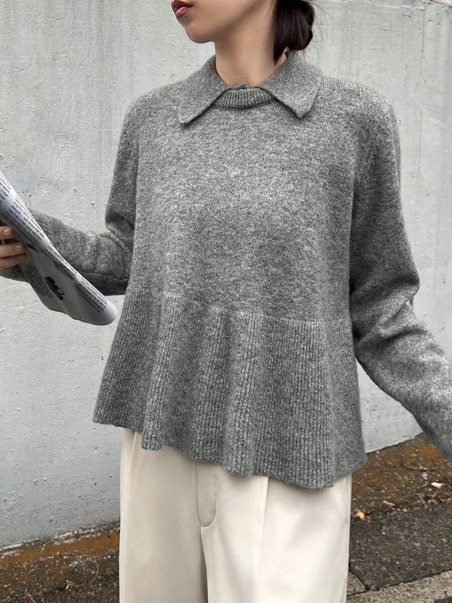 FRIFUL Damen einfarbiger Pullover mit Umlegekragen, Langarm, lässig und locker, Herbst/Winter - Grau - Übersicht 1