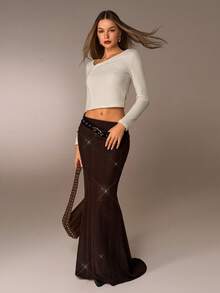 Avantive Fall/Winter/Spring/Christmas/Autumn/Back To School/Country Concert/Concert/Going Out/Birthday/Halloween Costumes/Casual/Y2k/2000s/Y2k Y2k/90S/Sexy/Western Wear Women/Boho/Country/Club/Office /Cocktail/Vintage/Rave Festival/Funny/Classy/Old Money/Streetwear/Vacation/Country Concert/Work /Modest/Spring Break/Bachelorette/Concert/Basic/Women's Party Skirt/Lady's Long Skirt/Lady's Waisted Skirt/Party Skirt/Red Brown Skirt/Shiny Skirt Mermaid Skirt Long Brown Skirt Sequin Maxi Skirt - Coffee Brown - View 4