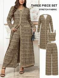 SHEIN Clasi 3pcs Plus Size Set: Long Sleeve Jacket, Sleeveless Top, And Wide Leg Pants, Casual Outfit