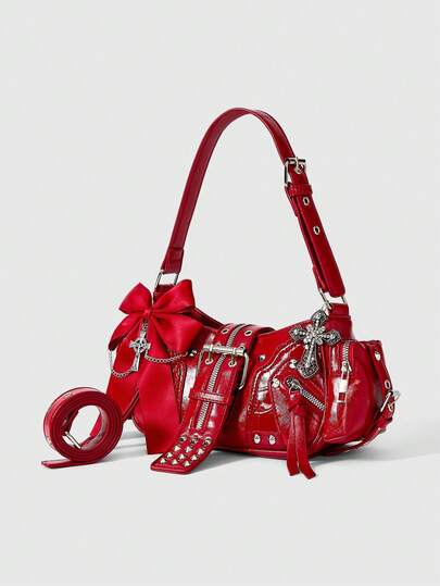Grunge Punk Bow Decor Motorcycle Underarm Bag, Women Casual Shoulder Bags