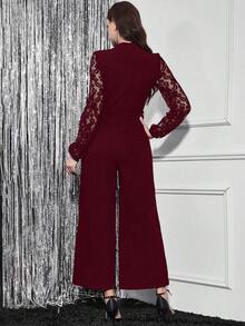SHEIN Clasi 女士撞色蕾丝灯笼袖系带阔腿优雅连体裤 - 酒紅色 - 查看 3