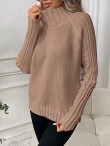 SHEIN LUNE Women's Solid Color High Neck Raglan Sleeve Sweater, Autumn/Winter - Camel - View 3