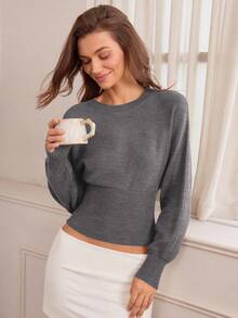 Hanevo Casual Round Neck Drawstring Waist Slim Fit Solid Color Knit Sweater, Versatile For Autumn/Winter - Dark Grey - View 5