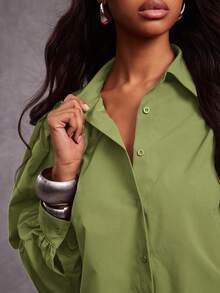 NYA SZN Long Sleeve Oversized Loose Buttons Collar Drape Detail High Low Hem Shirt, Teacher Summer - Green - View 4