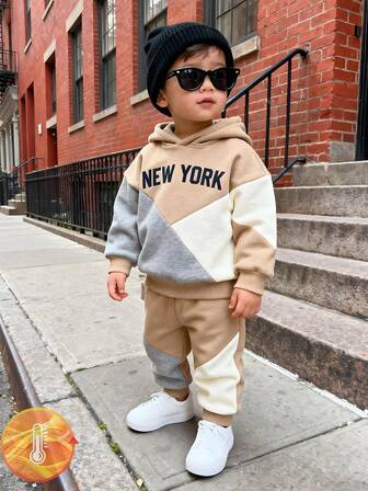 Baby Boy/Unisex Infant Toddler 0-3Y 2pcs Set, Contrast Color Block Letter Print Hoodie Sweatshirt And Comfortable Knit Printed Jogger Pants, Suitable For Autumn/Winter, Casual, Outdoor, Basic, Sports