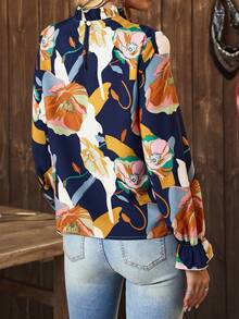 EMERY ROSE Women's Floral Print Ruffle Collar Long Sleeve Fashion Blouse - Navy Blue - View 2