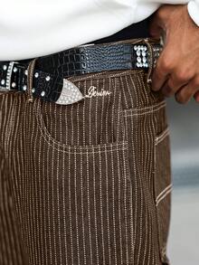 Manfinity Hypemode Men's Casual Vertical Striped Multi-Pocket Cargo Brown Denim Jeans - Brown - View 8