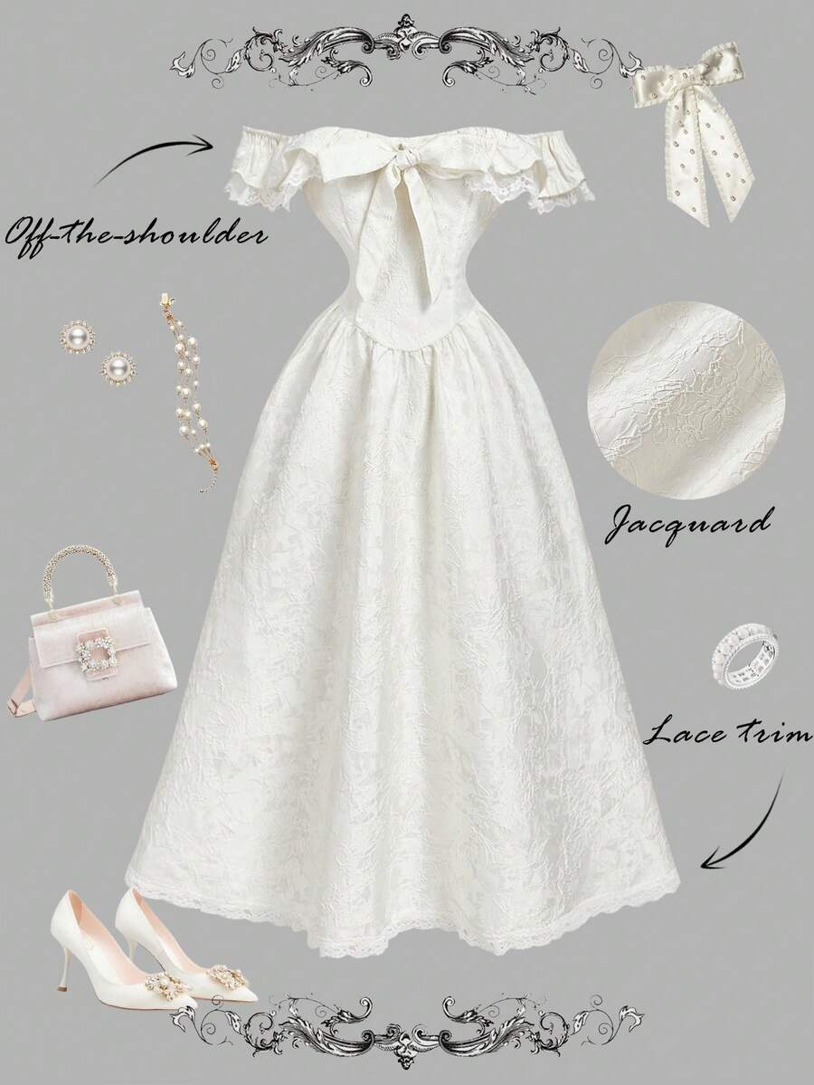 SHEIN MOD 女士优雅纯色提花露肩中长连衣裙，夏季 - 白色 - 查看 1