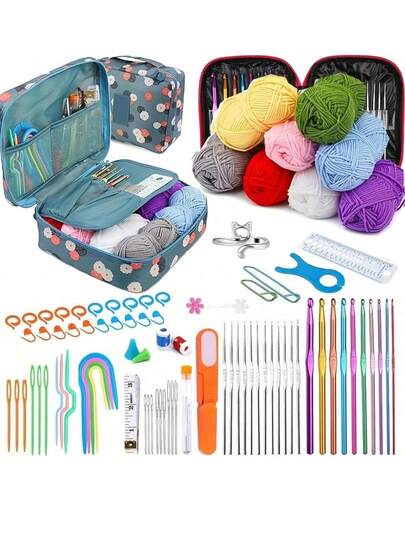 Full Crochet Set, Includes Ergonomic Crochet Hook Set, Yarn And Accessories - Suitable For Beginners And Knitting Enthusiasts, All Season Yarn Craft Kit (All Products Colors/Packaging Randomly Assorted)