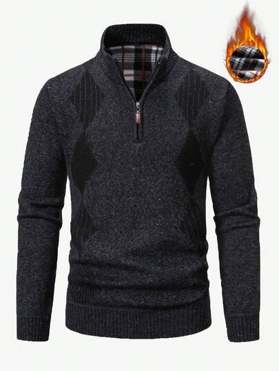 Manfinity Mode Men's Rhombus Pattern Zip-Up Casual Sweater, Autumn/Winter Cardigan For Knitted Cardigans, Long Sleeve Top