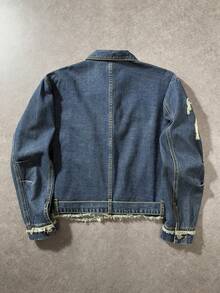 ROMWE MEN Grunge Punk 男士长袖拉链做旧休闲牛仔夹克 - 藍色 - 查看 2