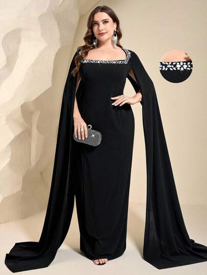Coutiva Plus Size Women Rhinestone Decor Extra Long Sleeve Elegant Formal Evening Gown Plus Size Black Formal Dress Black Evening Gown Dress With Cape Black Church Dress