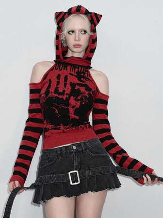 Kawaii Suéter corto con hombros descubiertos, mangas farol y decoración de lazo en los puños, estilo lindo y dulce para mujer