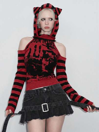 Kawaii Maglione corto da donna con maniche a lanterna, spalle scoperte e decorazione con laccio ai polsini, carino e dolce