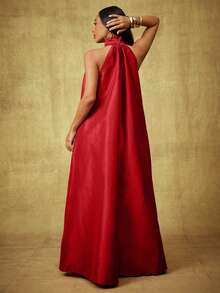 Bộ đồ liền thân ống rộng cổ yếm thắt nơ bằng vải taffeta trơn - Đỏ - Xem 4