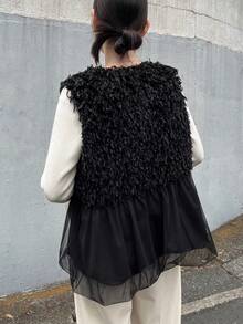 FRIFUL 女式黑色无袖拼接毛绒面料褶皱设计宽松休闲百搭分层背心，秋季 - 黑色 - 查看 5