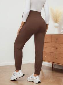 SHEIN Pantalones deportivos de maternidad con bolsillos y cintura elástica - Marrón - Ver 2