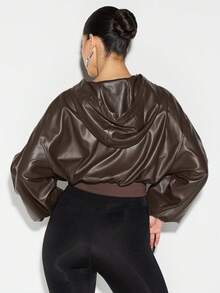 KIZN Faux Leather Hooded Bomber Jacket With Full Zip Closure And Ribbed Hem For Fall Winter Layering - Coffee Brown - View 2