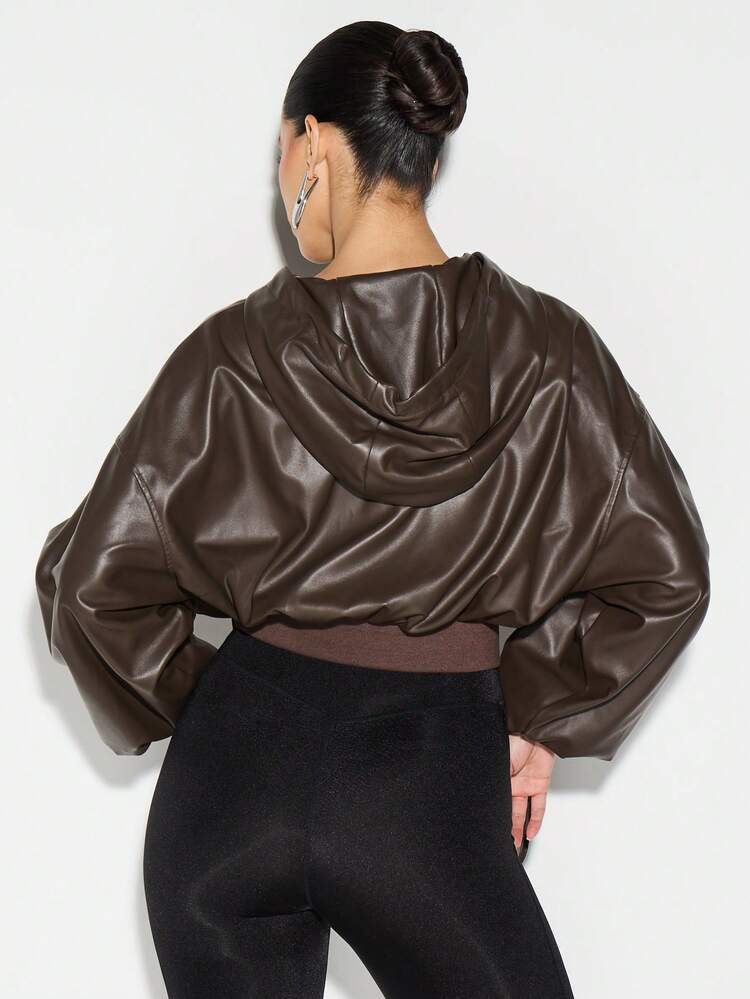KIZN Hooded Faux Leather Bomber Jacket
