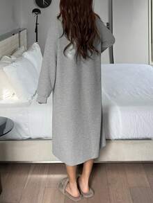 DAZY 女士纯色针织睡袍，秋冬季休闲家居服 - 灰色 - 查看 2