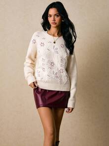 Poéselle 女士秋冬花卉刺绣圆领落肩长袖时尚毛衣 - 米色 - 查看 8