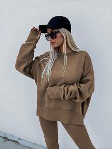 INAWLY Bộ 2 món áo hoodie và quần legging xẻ tà màu trơn thường ngày cỡ lớn, mùa thu/đông - Màu Khaki - Xem 6