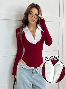 SHEIN EZwear 休闲简约修身白色领连体衣，搭配酒红色罗纹领口，二合一衬衫领连体衣，女士百搭款式，适合办公室穿着，秋冬季 - 酒紅色 - 查看 8