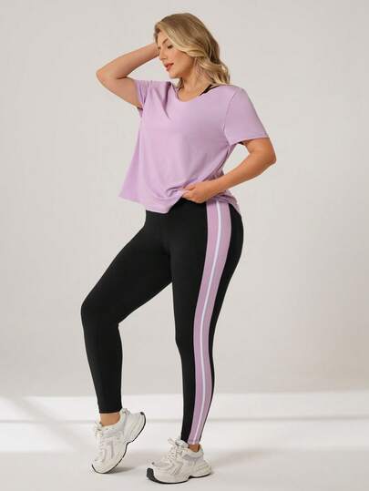 Auralis 运动休闲加大码女式短袖T恤和骑行运动短裤两件套运动套装，适合健身和运动，夜光模式，适合曲线身材的女性。