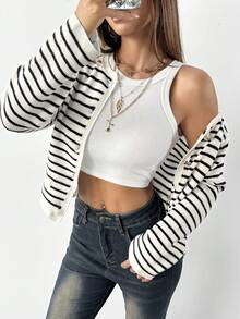 SHEIN PETITE Áo len dệt kim kẻ sọc thường ngày cho bé gái, tối giản và thời trang, thích hợp mặc hàng ngày - Đen và trắng - Xem 5