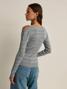Nöista Grey Cold Shoulder Knit Top Sweater,Slim Fit Ribbed Texture Elegant Soft Stretchy Fabric For Autumn,Casual Night Out,Winter Holiday Parties - Grey - View 8