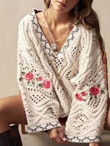 Bohemela Boho Autumn/Winter Women's Vintage Floral Embroidery Hollow Out V Neck Long Sleeve Loose Knit Sweater, Western Country Style Concert Party, Suitable For Beach Vacation & Daily Wear & Back To School & Going Outs, New Year Clothes, Valentines Clothes, 2000s Clothes, Summer Holiday Outfits, Beach Outfit, Winter/Spring