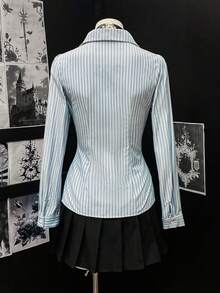 Flirla Women's Sexy Fashionable Multi-Functional Office V-Neck Pleated Slim Fit Blouse - Blue and White - View 2