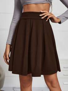 SHEIN Frenchy 女士纯色高腰褶裥A字裙，休闲学院风 - 棕色 - 查看 4