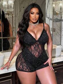 NU&NOW Quần short liền thân ren vá gợi cảm thời trang cỡ lớn - màu đen - Xem 3