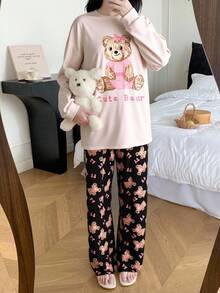 Bộ đồ ngủ rộng rãi in hình gấu dễ thương cho bé gái tuổi teen, mặc ở nhà thường ngày - màu đen - Xem 5