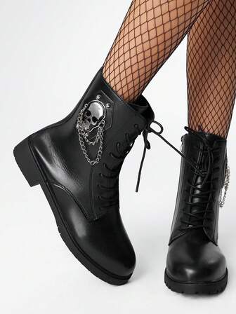 Grunge Punk Damen Lässig Seitlicher Reißverschluss Schnür-Knöchelstiefel