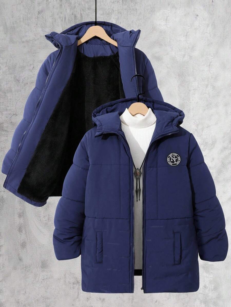 Vacaura 青少年男童绗缝超声波前片贴片连帽休闲羽绒服 - 藏蓝色 - 查看 1