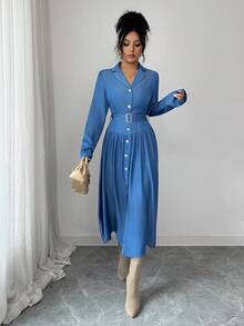 Elenzga Women's New Design Waist Cinching Long Sleeve Slimming Elegant Dress - Blue - View 4