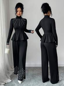 Elenzga Women's Solid Color Faux Pearl Decor Turtleneck Long Sleeve Ruffle Hem T-Shirt And Pants Elegant 2-Piece Set - Black - View 1