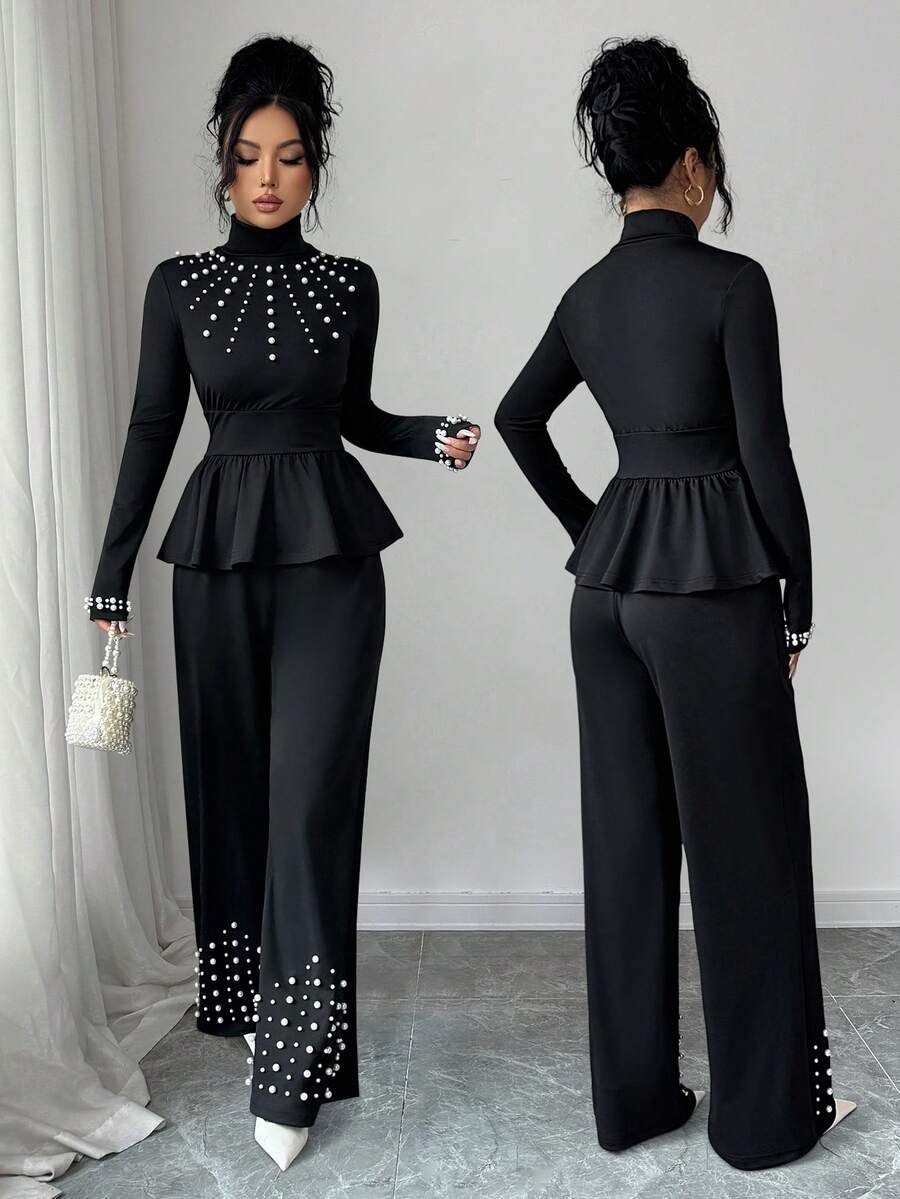 Elenzga Women's Solid Color Faux Pearl Decor Turtleneck Long Sleeve Ruffle Hem T-Shirt And Pants Elegant 2-Piece Set - Black - View 1