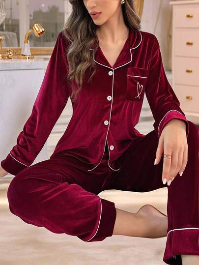 LuxeNights Contrast Trim Patch Pocket Long Sleeve Top & Pants Fluffy Pajama Set, Velvet Lounge Set, Fall Winter Clothes, Cozy