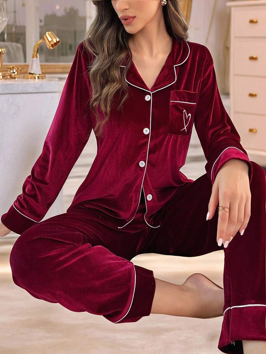 LuxeNights Contrast Trim Patch Pocket Long Sleeve Top & Pants Fluffy Pajama Set, Velvet Lounge Set, Fall Winter Clothes, Cozy