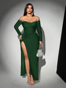 Viva Relle Đầm trễ vai tay dài xẻ tà đính ngọc trai cỡ lớn dành cho nữ, thích hợp cho đám cưới, tiệc tùng, ngày lễ và tiệc chiêu đãi (trang trí cầu kỳ), dạ tiệc trang trọng, khách dự tiệc cưới, lễ tốt nghiệp, dạ tiệc, váy dạ hội trang trọng - Màu xanh lá cây đậm - Xem 4