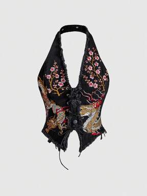 Women's Retro Motorcycle J-Fashion New Chinese Style Embroidered Halter Sexy Denim Top