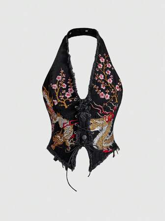 J-Fashion ملابس علوية جينز مكشوفة الكتف مطرزة بطراز صيني جديد على الطراز الرجعي للدراجات النارية للنساء