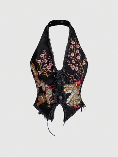 ROMWE Women's Retro Motorcycle J-Fashion New Chinese Style Embroidered Halter Sexy Denim Top