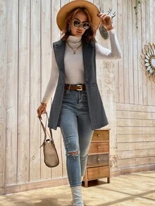 BizChic 女士秋冬翻领无袖中长款羊毛混纺大衣，商务休闲通勤优雅办公装，适合感恩节、圣诞节、新年等场合。 - 深灰色 - 查看 8